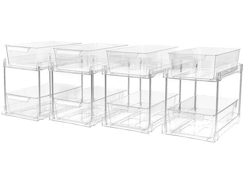 4Pack 2-Tier Bathroom Storage Organizer, Clear Under Sink Organizers Kitchen Vanity Counter Storage Container, Medicine Cabinet Drawers Bins, Pull-Out Organization with Track for Pantry