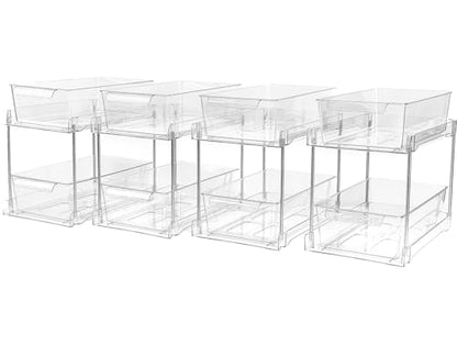 4Pack 2-Tier Bathroom Storage Organizer, Clear Under Sink Organizers Kitchen Vanity Counter Storage Container, Medicine Cabinet Drawers Bins, Pull-Out Organization with Track for Pantry