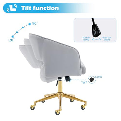 Vanity Chair Velvet Desk Chair with Gold Base for Living Room,Gray | Accent Armchair Upholstered Modern Tufted Chairs for Girls Women Ergonomic Study Seat Computer Task Stools for Bedroom - color: Light Gray