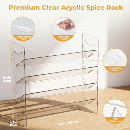 4-Tier Acrylic Spice Rack Organizer with 24 Glass Spice Jars and Wooden Lids, Clear Spice Shelf for Cabinet, Countertop, Pantry, Easy Assembly Seasoning Holder, Compact 11.6" W x 11.4" H