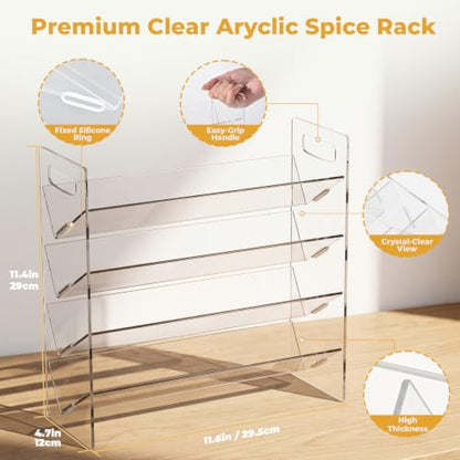 4-Tier Acrylic Spice Rack Organizer with 24 Glass Spice Jars and Wooden Lids, Clear Spice Shelf for Cabinet, Countertop, Pantry, Easy Assembly Seasoning Holder, Compact 11.6" W x 11.4" H