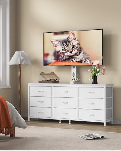 TV Stand with Mount for 32/55/65/75/85 inch TVs, Entertainment Center with 9 Fabric Drawers Dresser Storage, Height Adjustable Media Console - color: White