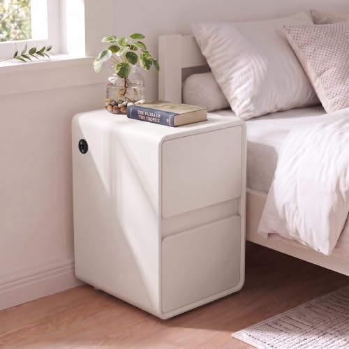 Modern Leather Nightstands White | Solid Wood Bedside Table with USB Charging Station, Small End Table with 2 Drawers for Bedroom Living Room - color: White, size: 16"