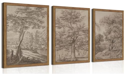 Vintage Landscape Framed Wall Art Set of 3, Neutral Nature Wabi Sabi Canvas Wall Decor Painting, Rustic Retro Botanical Tree Artwork Prints Pictures for Farmhouse Living Room Bedroom 16x24 Inch - color: Grey Tree, size: 24L" x 16W"