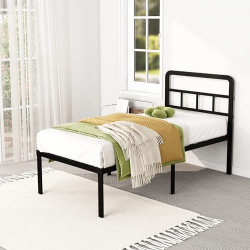 DiaOutro 18 Inch Twin Bed Frames with Headboard Metal Platform, Black | Heavy Duty Bed For Kids Adults, Steel Slat Supports No Box Spring Needed, Easy Assembly, Noise Free - size: Twin, style: 18 Inch