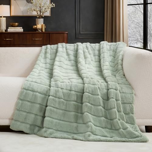 Cozy Bliss Deluxe Sheared Rabbit Faux Fur Throw Blanket, Soft Fuzzy High-Low Sculpted Plush Blanket for Couch, Cozy Home Accent, All Season Use, Green 50"x60" - color: Stripe - Green, size: Throw(50" x 60")