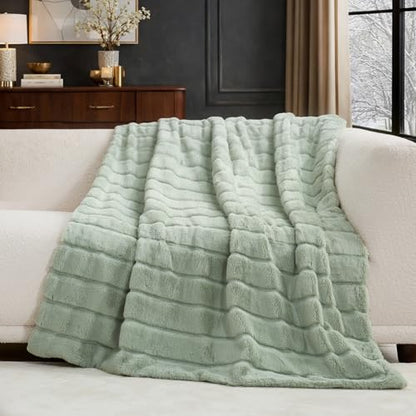 Cozy Bliss Deluxe Sheared Rabbit Faux Fur Throw Blanket, Soft Fuzzy High-Low Sculpted Plush Blanket for Couch, Cozy Home Accent, All Season Use, Green 50"x60" - color: Stripe - Green, size: Throw(50" x 60")