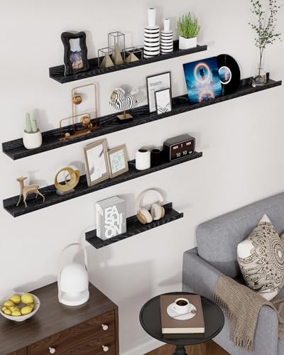 Oak Picture Ledge Shelf, 24 Inch Floating Shelves Set of 2, Solid Oak Wood Wall Shelves with Lip, Wall Decor Storage for Bedroom Living Room Bathroom Kitchen Nursery Photo Picture, Black - color: Black, size: 24inch