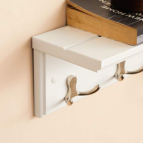SONGMICS Entryway Hanging Coat Rack, Wall-Mounted Wooden Shelf, with 4 Double Hooks, Wall Floating Shelf, White ULHR42WT