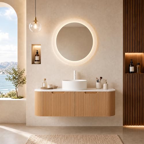 48” Floating Bathroom Vanity with Sink, Fluted Wall-Mounted Solid Wood Cabinet, White Ceramic Round Basin, Faux Marble Top, Soft-Close Drawer, Pre-Assembled, Natural Woodgrain - color: 02 - Natural Woodgrain, size: 48"