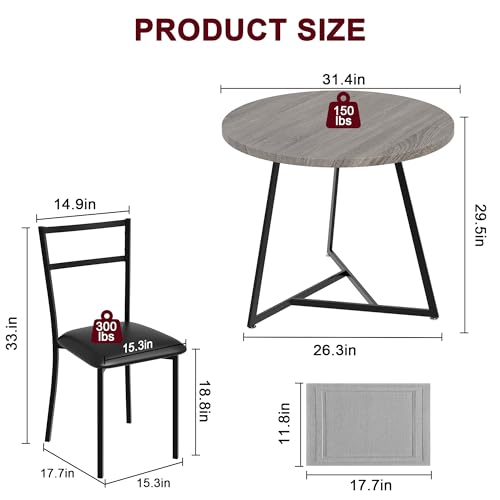 CABIHOME Dining Table Set for 2, Round Kitchen Table Set, Dining Table Set with 2 Upholstered Chairs, 3 Piece Kitchen Table Set for Small Space, Apartment, Retro Gray - color: Retro Gray, size: Round Table with 2 Upholstered Chairs