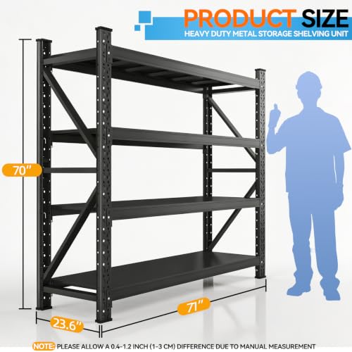 71" W Heavy Duty Garage Shelving, 5000LBS Industrial 4-Tier Rack | 69"H x 70.6"W x 23.6"D adjustable metal shelving for garage,warehouse,basement storage - size: 70”H*71”W*23.6”D