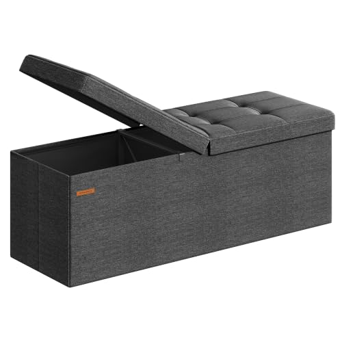 SONGMICS MAZIE Collection - 43 Inches Storage Ottoman, Foldable Storage Bench with Flipping Lid, 660 lb Load Capacity, for Entryway, Living Room, Bedroom, Dark Gray ULSF76GYZ - color: Dark Gray, size: 15"D x 43"W x 15"H, style: Modern