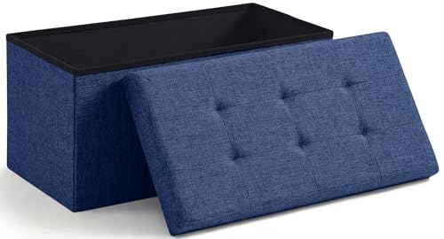 Ornavo Home 30 Inch Folding Storage Ottoman Bench, Tufted Linen, Navy Blue | Upholstered Large Ottoman with Lid; Foot Rest Stool; Ideal for Bedroom, Living Room or Entryway - color: Navy Blue, size: 15"d X 30"w X 15"h