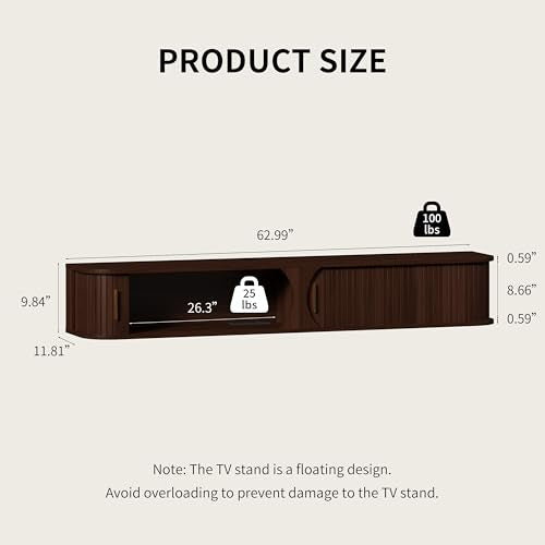 Floating TV Stand with LED Light, Wall Mounted Media Console with Sliding Doors, Floating Entertainment Center with Storage, Wall Hanging TV Cabinet for Living Room Bedroom (Walnut, 63 inch) - color: Walnut, size: 63 inch