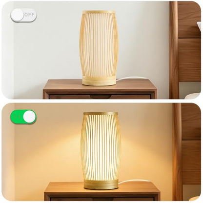 Set of 2 Small Table Lamps, 11" Japandi Bamboo Bedside Lamps with Beige Linen Shades, Boho Nightstand Lamps for Bedroom, Living Room, Dorm Room, Natural - color: Nature