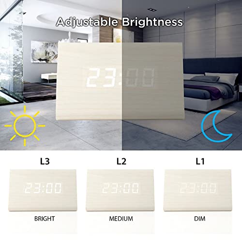 Digital Alarm Clock Wooden Alarm Clock Wood Modern Triangle Alarm Digital Desk Clock, Displays Time Date Temperature Calendar Wood Made Electric Clocks for Bedroom, Bedside - White - color: White
