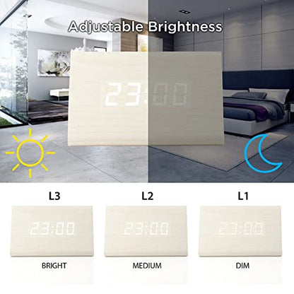 Digital Alarm Clock Wooden Alarm Clock Wood Modern Triangle Alarm Digital Desk Clock, Displays Time Date Temperature Calendar Wood Made Electric Clocks for Bedroom, Bedside - White - color: White