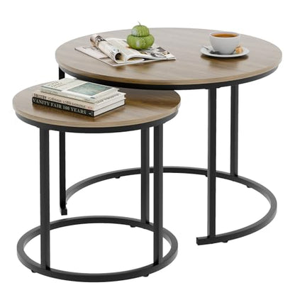 aboxoo Coffee Table Nesting Side Round Table Set of 2 End Table with Sturdy Metal Frame for Living Room Bedroom Apartment Modern Industrial Simple Nightstand,Oak - color: Oak