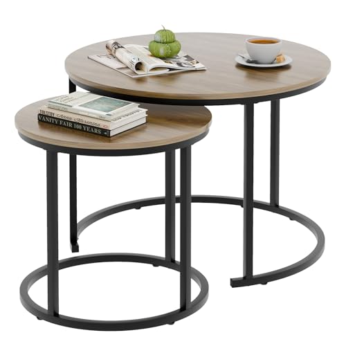 aboxoo Coffee Table Nesting Side Round Table Set of 2 End Table with Sturdy Metal Frame for Living Room Bedroom Apartment Modern Industrial Simple Nightstand,Oak - color: Oak
