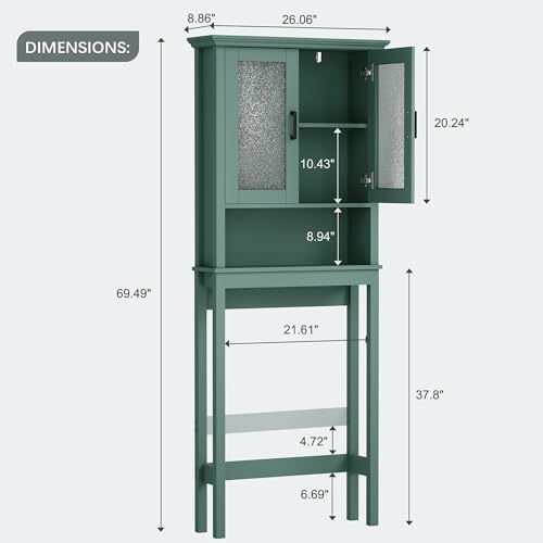 Over The Toilet Storage Cabinet, Over Toilet Bathroom Organizer with Glass Doors and Adjustable Shelf, Thicken Frame Above Toilet Storage Cabinet Behind Toilet Bathroom Organizer, Halcyon Green - color: Halcyon Green
