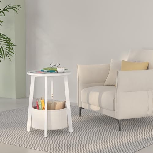 sthmec Small Round Side End Table with Cloth Storage Basket, Round Bedside Sofa Couch Coffee Tables for Small Places with Metal Frame, Modern Nighstands for Living Room Bedroom,White - color: White