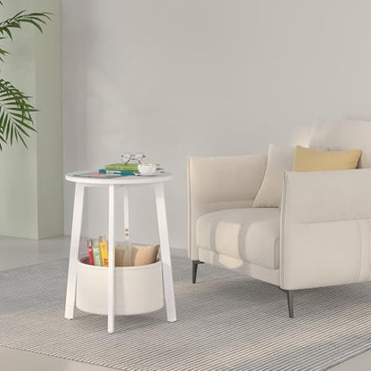 sthmec Small Round Side End Table with Cloth Storage Basket, Round Bedside Sofa Couch Coffee Tables for Small Places with Metal Frame, Modern Nighstands for Living Room Bedroom,White - color: White
