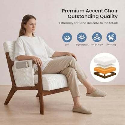 DUMOS Mid Century Modern Accent Chair, 17'' Seat Height with Side Pocket | Upholstered Small Side Chair with Lumbar Pillow and Wood Frame for Living Room, Bedroom, Reading Nook, Easy Assembly, Beige - color: Beige, size: 1 PC