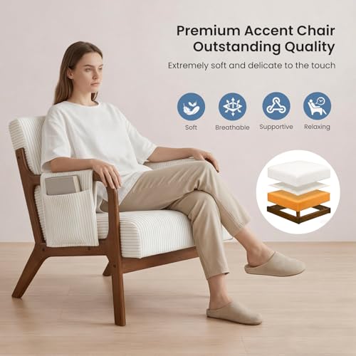 DUMOS Accent Chairs Set of 2, 17'' Seat Height Armchair with Side Pocket | Upholstered Small Side Chair with Lumbar Pillow and Wood Frame for Living Room, Bedroom, Reading Nook, Easy Assembly, Beige - color: Beige, size: 2 PC