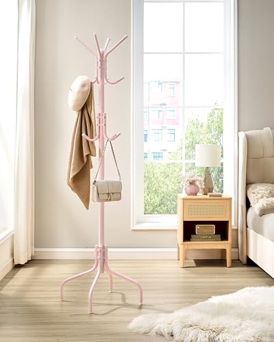SONGMICS Coat Rack Freestanding, Steel Stand with 12 Hooks and 4 Legs | Coat Tree, Holds Clothes, Hats, and Bags, for Entryway, Living Room, Bedroom, Jelly Pink, ALAN Collection URCR031R01 - color: Jelly Pink, style: 12 hooks