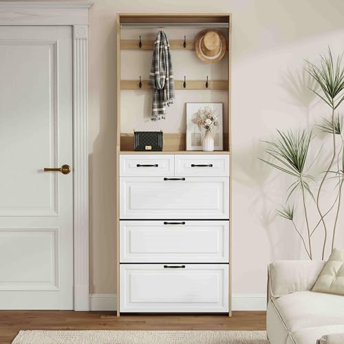 Resenko's Slim Shoe Storage Cabinet with 8 Hooks, Hidden Rack & 5 Drawers for Entryway, Hallway - color: White & Oak