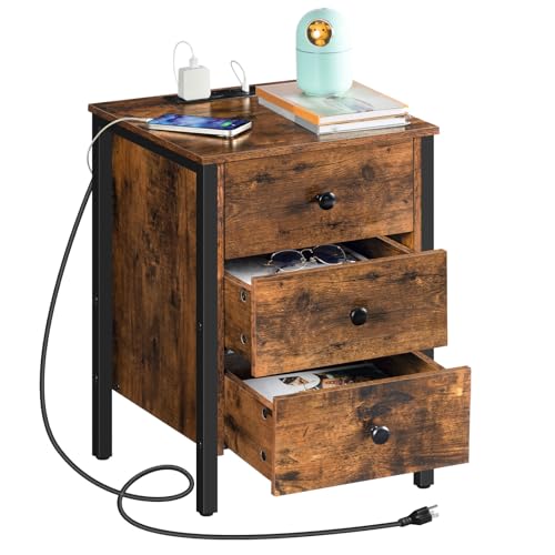 HOOBRO Nightstand with Charging Station, Side Table with 3 Drawers and Storage Shelf, End Table with USB Port, Retro Industrial Style Bedside Table, for Living Room, Bedroom, Rustic Brown BF461BZ01G2