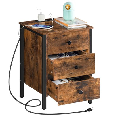 HOOBRO Nightstand with Charging Station, Side Table with 3 Drawers and Storage Shelf, End Table with USB Port, Retro Industrial Style Bedside Table, for Living Room, Bedroom, Rustic Brown BF461BZ01G2