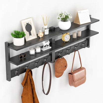 2 Tier Coat Rack Wall Mount with Shelf, 33" Wall Shelf with Hooks, Entryway Key Holder for Wall with 8 Heavy Duty Double Hooks, Coat Hook Wall Mounted for Bedroom, Living Room, Black - color: Black-2 Pack