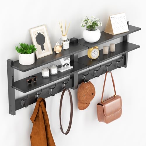2 Tier Coat Rack Wall Mount with Shelf, 33" Wall Shelf with Hooks, Entryway Key Holder for Wall with 8 Heavy Duty Double Hooks, Coat Hook Wall Mounted for Bedroom, Living Room, Black - color: Black-2 Pack