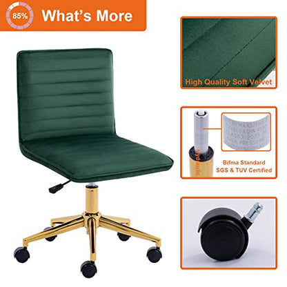 Furnimart Velvet Home Office Armless Desk Chair Adjustable Task Chairs Small Swivel Upholstered Office Chair Students Desk Chair Mid-Back Home Office Chair Dorm Chair (Velvet-DarkGreen) - color: Velvet-darkgreen