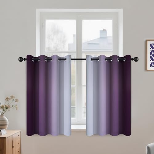 COSVIYA Grommet Room Darkening Ombre Purple Curtains W52xL36 inch | Purple and Greyish White Gradient Drapes, Light Blocking, Insulated Thermal Window Curtains for Bedroom/Living Room,2 Panels - color: Purple to Grayish White, size: 52"W x 36"L (Pack of 2