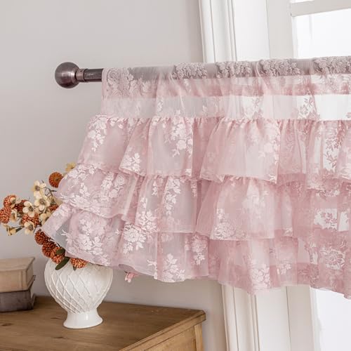 Kotile Pink Ruffle Lace Valance for Windows W52 x L18 Inch, 1 Panel | Rod Pocket, Frilled Lace Adds Volume, Controls Glare, Vintage Floral, Playful Romantic Style, Petite Ruffle Look, Privacy - color: Pink - Ruffle Lace