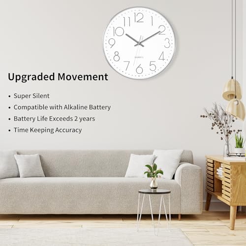 Foxtop 12" Modern Wall Clock Silent Battery Operated Analog Clock, Silver | Non Ticking, Quartz, Round, Easy to Read, Bedroom, Kitchen, Living Room, Office - color: Silver, size: 12 Inch Quartz