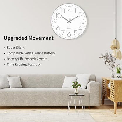 Foxtop 12" Modern Wall Clock Silent Battery Operated Analog Clock, Silver | Non Ticking, Quartz, Round, Easy to Read, Bedroom, Kitchen, Living Room, Office - color: Silver, size: 12 Inch Quartz