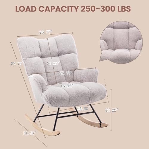 Rocking Chair Nursery Teddy Upholstered Glider Rocker Rocking Accent Chair Padded Seat with High Backrest Armchair Comfy Side Chair for Living Room Bedroom Offices (Grey Teddy) - color: Grey