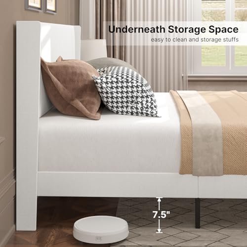 Gizoon Queen Bed Frame with Wingback Headboard, Upholstered Platform Bed | Bed Frame with Padded Headboard,Wooden Slats, Noise-Free, No Box Spring Needed, Easy Assembly,White - color: White, size: Queen