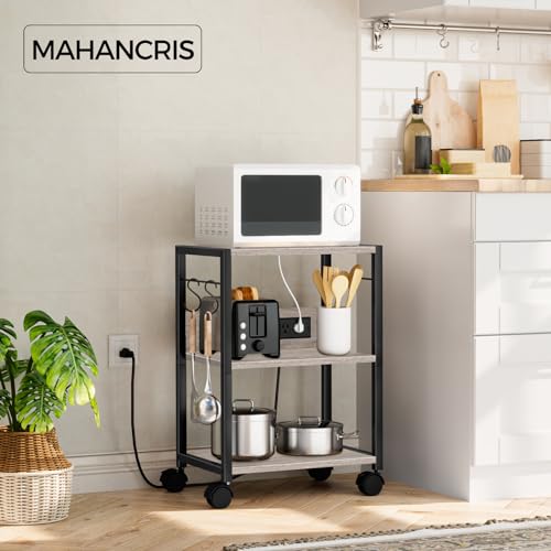 MAHANCRIS Industrial Printer Cart, 3-Tier Mobile Printer Stand, Rolling Cart with Power Outlets and USB Ports, Home Printer Stand with 2 Hooks, for Office, Living Room, Greige PTHG40E01 - color: Greige