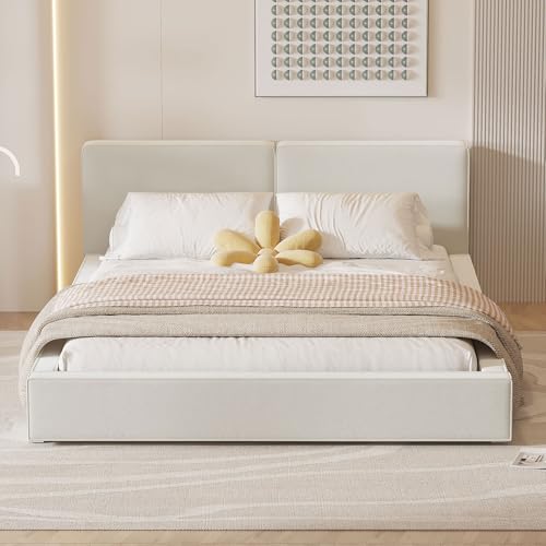 GDFStudio Queen Size Upholstered Platform Bed with Velvet Fabric, Grounded Low Profile Bed Frame, Solid Wood Support, No Box Spring Needed, Beige - color: Beige