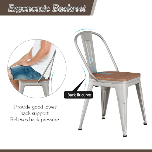 Alunaune 18inch Metal Dining Chair Set of 4 High Back Classic Chic Iron Farmhouse Chairs Industrial Stackable Coffee Stools Bistro Cafe Side Barstools Wood Seat-Silver - color: Silver