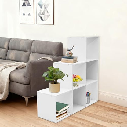 3-Tier Stepped Bookshelf, 6 Cube Storage Organizer, Freestanding Ladder Bookcase, L-Shaped Corner Shelf, Room Divider Shelf, 35.4" Tall Modern Display Shelf for Home Office Living Room - size: 6 Cubes/L-Shaped