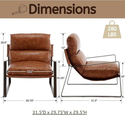 LukeAlon Modern PU Leather Accent Armchair, Brown | Pu Leather Upholstered Living Room Chair With Brass Frame & Thickened Cushion, Comfy Single Lounge Sofa for Bedroom, Office - color: Brown-lychee Grain