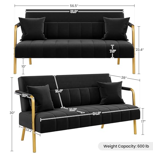 Yaheetech 56.5" Smal Sofa 2 Seater Couch with Gold-Tone Legs, Black | Small Sofa Loveseat Velve 2 Seater Couch with Tufted Back Gold Metal Frame 2 Pillows for Office, Studio,Living Room - color: Black, size: 56.5" W