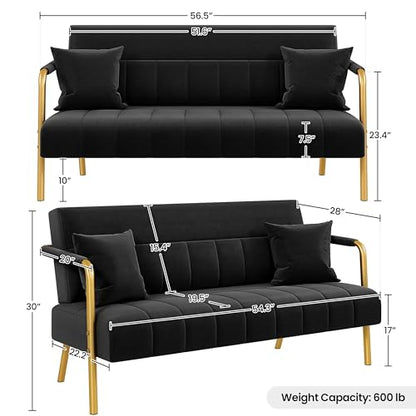 Yaheetech 56.5" Smal Sofa 2 Seater Couch with Gold-Tone Legs, Black | Small Sofa Loveseat Velve 2 Seater Couch with Tufted Back Gold Metal Frame 2 Pillows for Office, Studio,Living Room - color: Black, size: 56.5" W