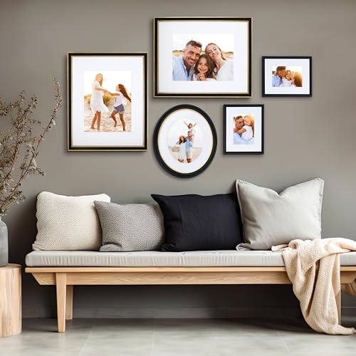 Mixed Gallery Wall Frame Set, (2) 16x20 Inch, (1) 11x14 Inch, and (2) 8x10 Inch, 5 Piece, Black/Gold with Oval - color: Black/Gold with Oval